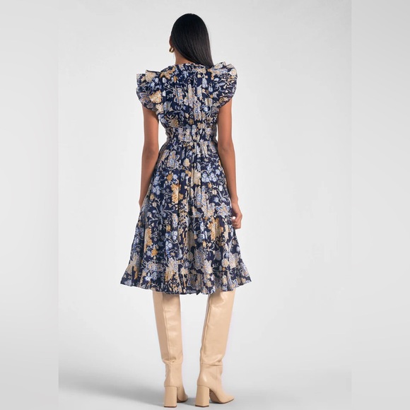 Elan 100% Cotton Emma Tiered Floral Navy Midi Dress SMALL Cottagecore Feminine - Picture 3 of 10